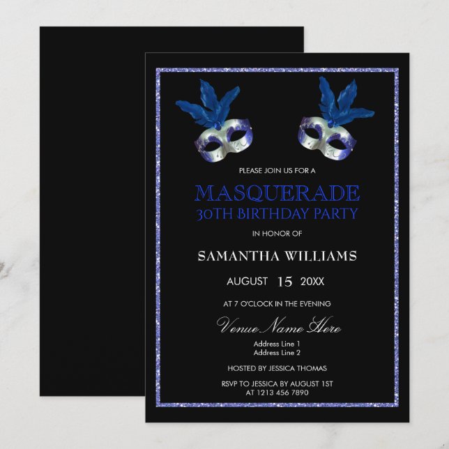 Stylish Blue Glitter Masquerade 30th Birthday Invitation (Front/Back)