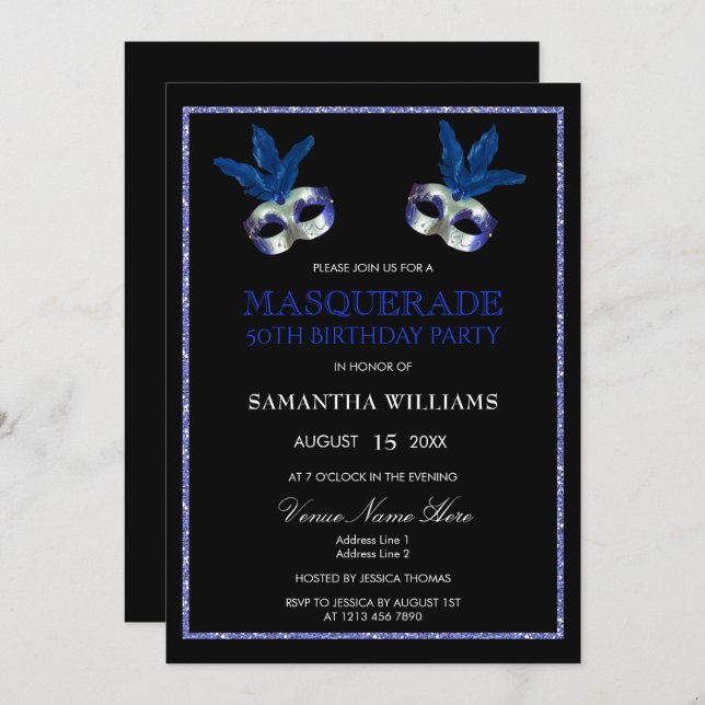 Stylish Blue Glitter Masquerade 50th Birthday Invitation (Front/Back)