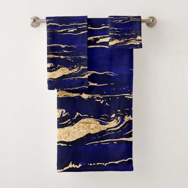 Stylish Blue Gold Abstract Marble Bath Towel Set (Insitu)