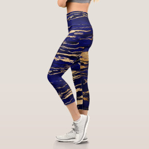 Stylish Blue Gold Abstract Marble Capri Leggings