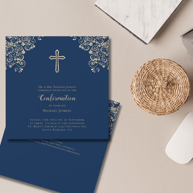 Stylish Blue Gold Cross Bible Verse  Confirmation Invitation (Creator Uploaded)