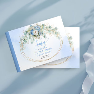 Stylish Blue Gold Floral Baby Shower Guestbook Log