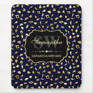 Stylish Blue & Gold Foil Leopard Spots Monogram Mouse Pad