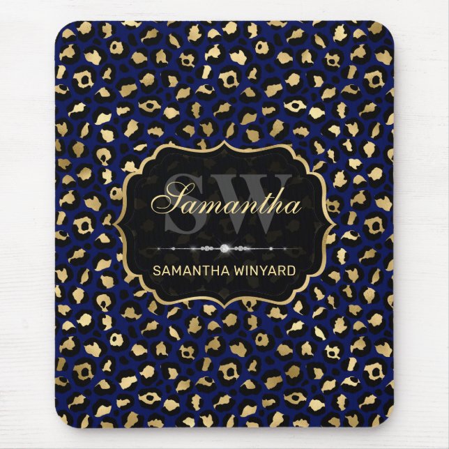 Stylish Blue & Gold Foil Leopard Spots Monogram Mouse Pad (Front)