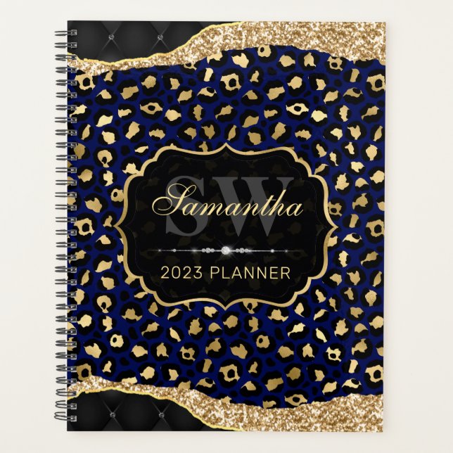 Stylish Blue & Gold Foil Leopard Spots Monogram Planner (Front)