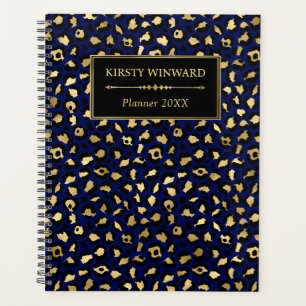 Stylish Blue & Gold Foil Leopard Spots Monogram Planner