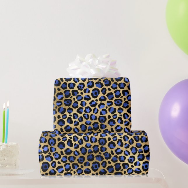 Stylish Blue & Gold Foil Leopard Spots Safari Wrapping Paper (Party Gifts)