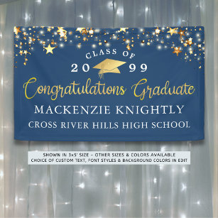Stylish Blue Gold Script Congrats Grad Stars Banner