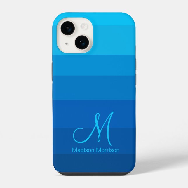 Stylish Blue Gradient Colour Block Monogram iPhone Case (Back)