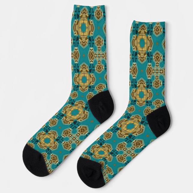 Stylish Blue Green Tile Pattern Socks (Left)