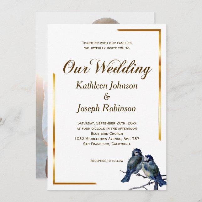Stylish Blue Grey Birds on a Branch Wedding Invitation (Front/Back)