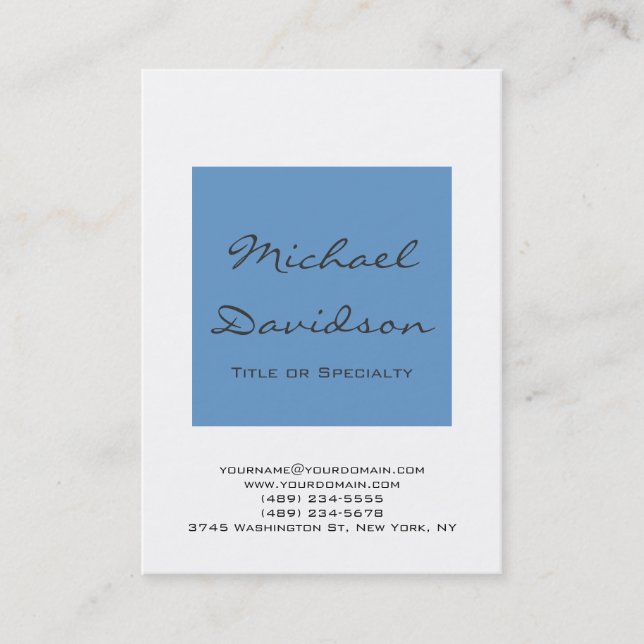 Stylish Blue Grey Script White Business Card (Front)