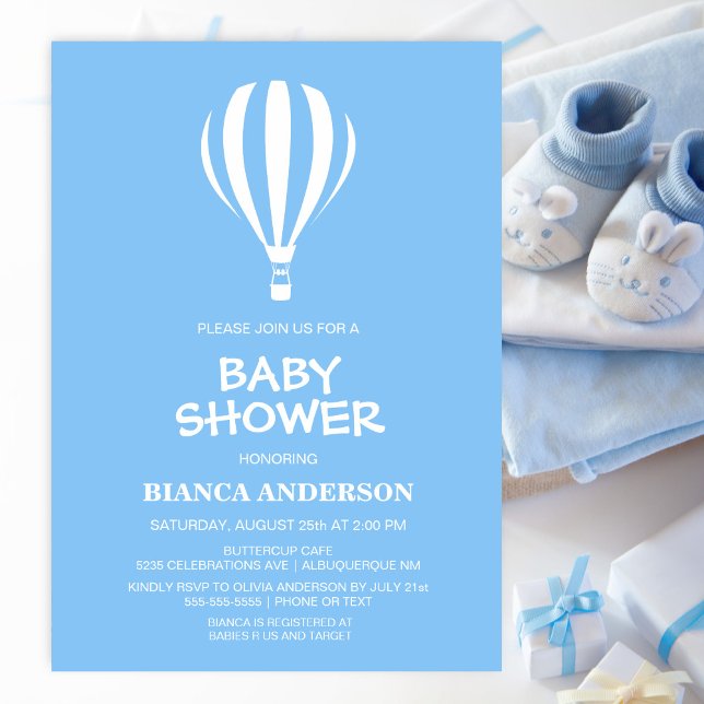 Stylish Blue Hot Air Balloon Baby Shower Invitation (Creator Uploaded)