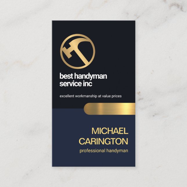 Stylish Blue Layers Gold Tab General Contractor Business Card (Front)