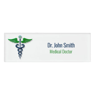 Stylish Blue Medical Caduceus Green Wings Cross Name Tag