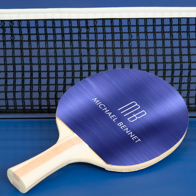 Stylish Blue Metallic Monogram Name Ping Pong Paddle (Insitu)