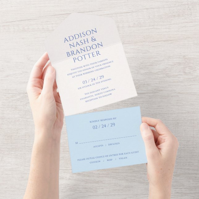 Stylish Blue Modern Wedding All In One Invitation (Tearaway)