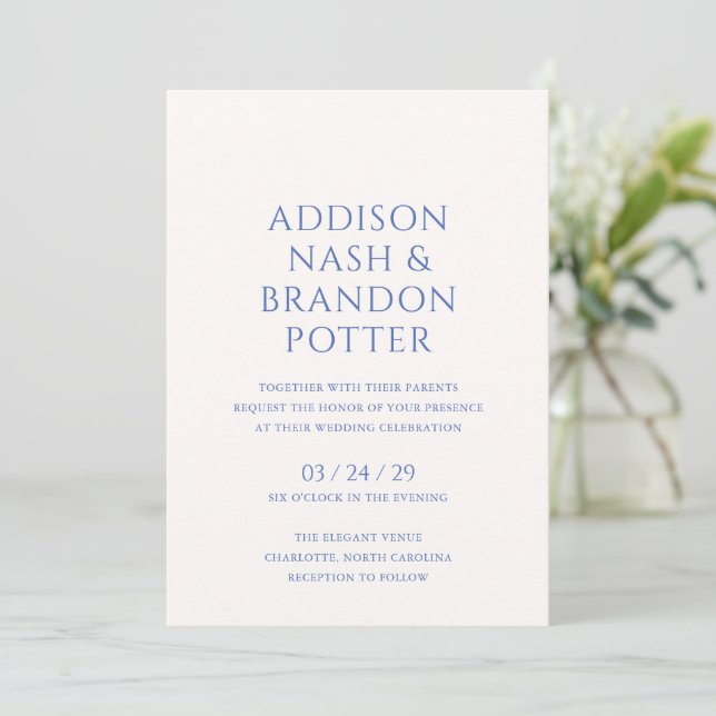 Stylish Blue Modern Wedding Invitation (Standing Front)