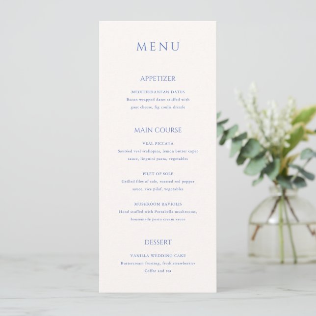 Stylish Blue Modern Wedding Menu (Standing Front)