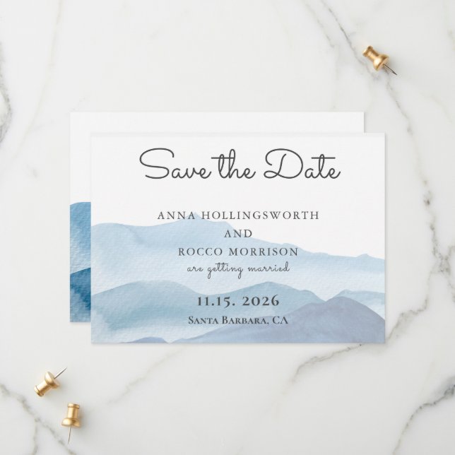 Stylish Blue Mountains Watercolor  Save The Date (Front/Back In Situ)