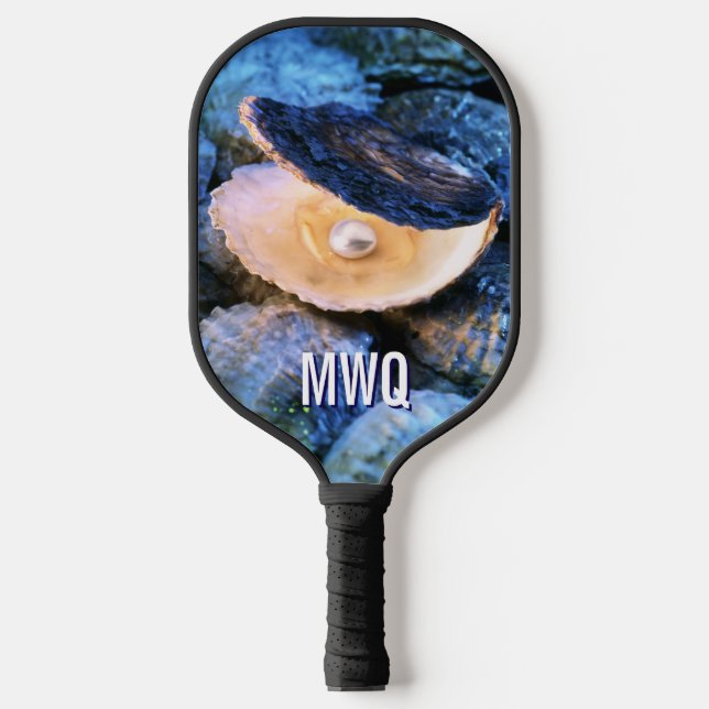 Stylish Blue Pearl Oyster Monogram Pickleball Paddle (Front)