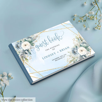 Stylish Blue Peonies White Gold Wedding Guest Book