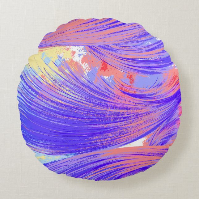 Stylish blue pink Abstract Feathers Round Cushion (Front)