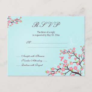 Stylish blue pink cherry blossom wedding RSVP card