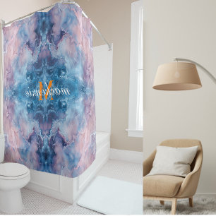 Stylish Blue Pink Pastel Marble Orange Monogram Shower Curtain