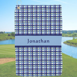 Stylish Blue Plaid Personalized Name  Golf Towel