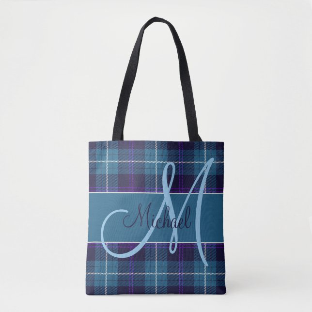 Stylish Blue Plaid Tartan Modern Personalised Name Tote Bag (Front)