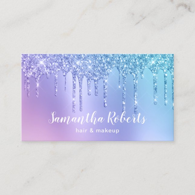 Stylish blue & purple glitter drips hair & makeup business card (Front)