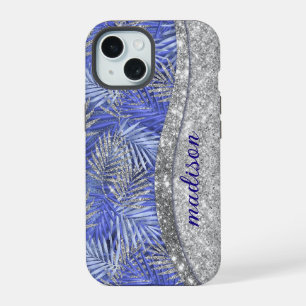 stylish blue purple silver glitter leaves monogram iPhone 15 case