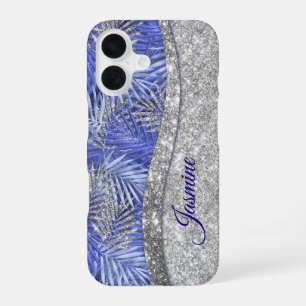stylish blue purple silver glitter leaves monogram iPhone 16 case