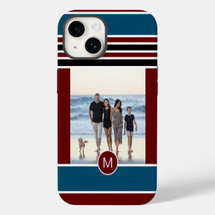 Stylish Blue Red Striped Monogram Custom Photo iPhone 14 Case
