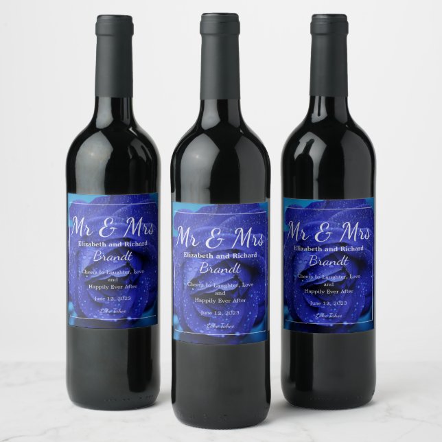 Stylish Blue Rose Wine Label (Bottles)