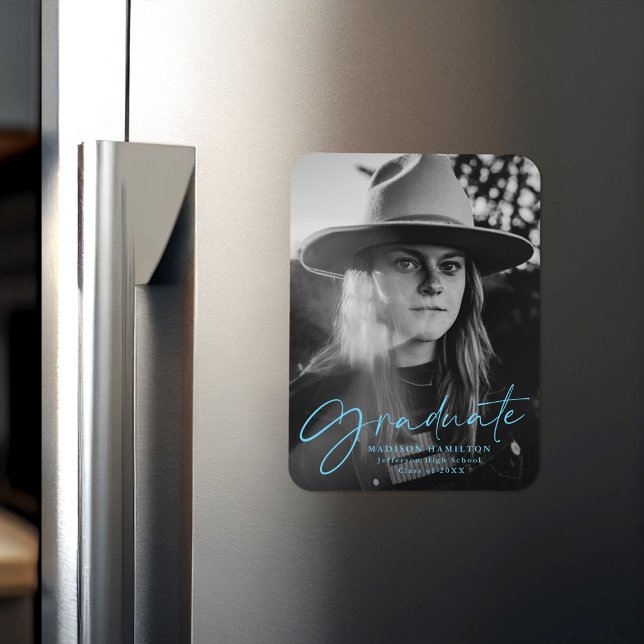Stylish Blue Script Graduation Announcement Photo Magnet (Creator Uploaded)