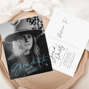 Stylish Blue Script Photo Graduation Party Invitation Postcard
