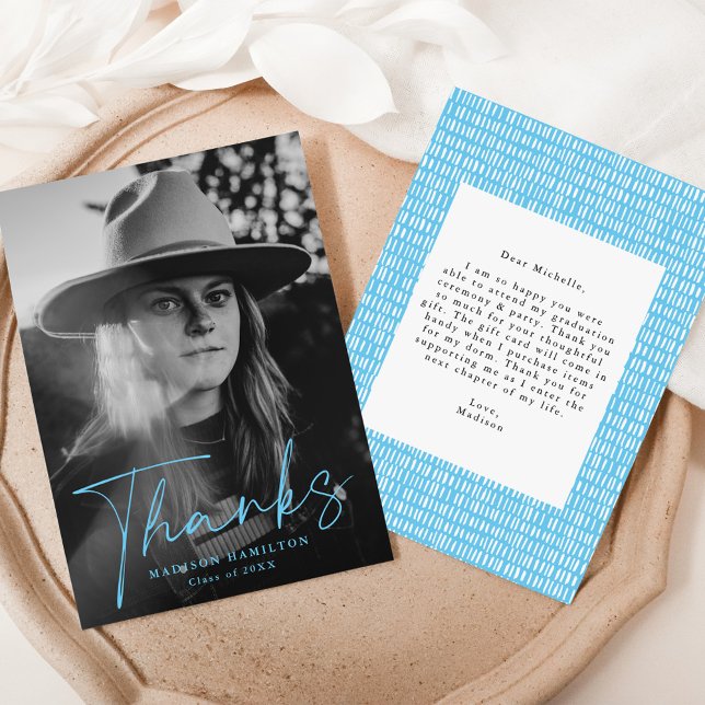 Stylish Blue Script Photo Graduation Thank You Card (Creator Uploaded)