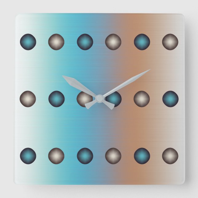 Stylish Blue & Silver Polka Dots on Blue & Orange Square Wall Clock (Front)