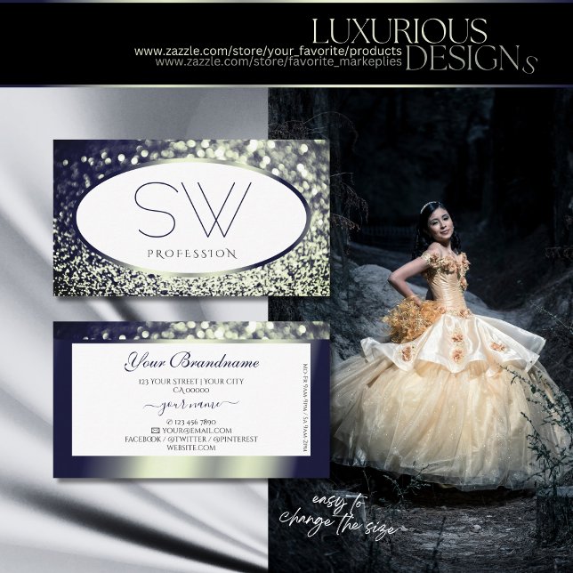 Stylish Blue Silver Sparkle Glitter White Monogram Business Card (Creator Uploaded)