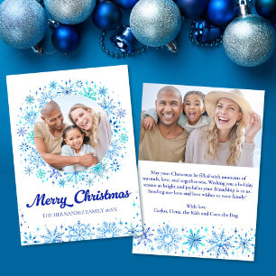 Stylish Blue Snowflakes 2 Photo Family Christmas Holiday Card