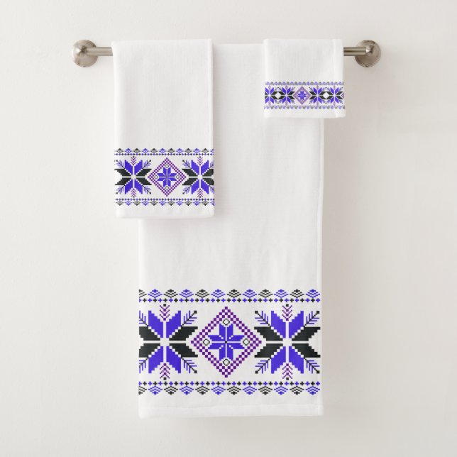 Stylish Blue Star Vector Frame on White Bath Towel Set (Insitu)