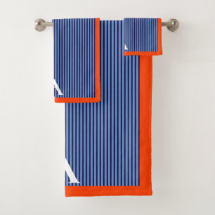 Stylish Blue Striped Monogram Bath Towel Set