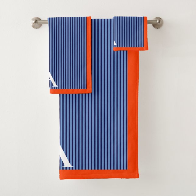 Stylish Blue Striped Monogram  Bath Towel Set (Insitu)