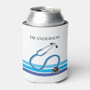 Stylish Blue Stripes and Stethoscope Doctor Can Cooler