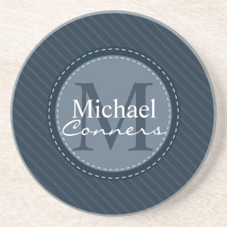 Stylish Blue Stripes w/Monogram Coaster