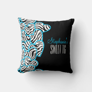 Stylish Blue Sweet 16 Zebra Heart Design Name  Cushion
