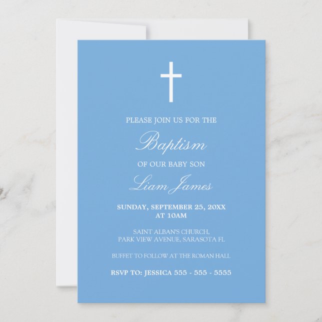 Stylish Blue Traditional Baptism Invitation (Front)