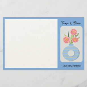 Stylish blue vase with colourful flowers design stationery